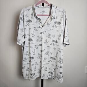 Tommy‎ Bahama Hawaiian Hula Dancer Print Short Sleeve Tencell Polo Shirt Gray XL